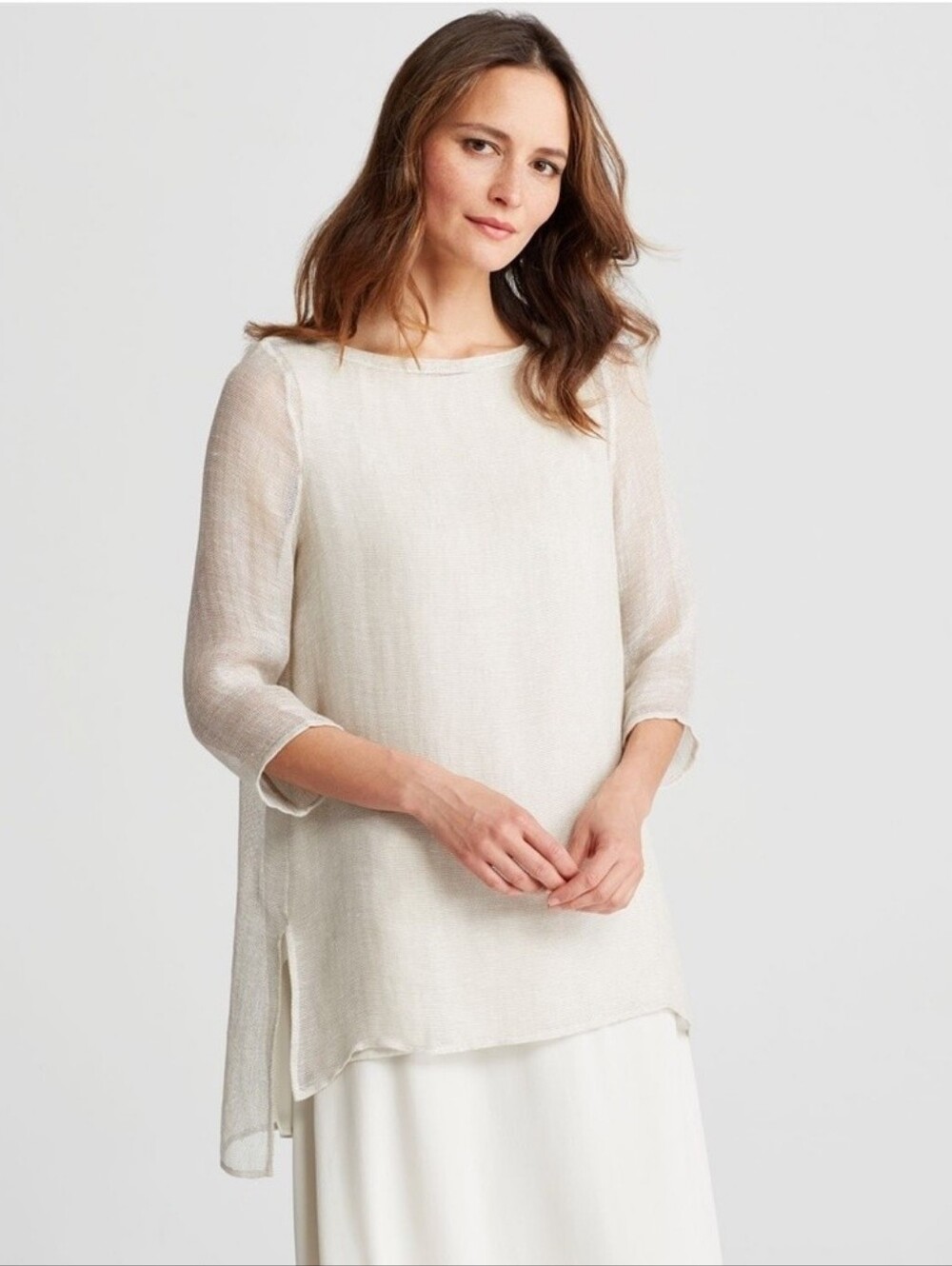 Eileen Fisher Linen Mesh Bateau Neck Tunic Top Sweater Size Petite Medium